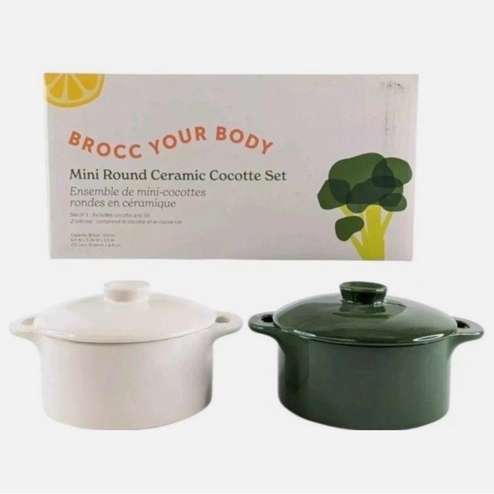 Mini Round Ceramic Cocotte Set - White and Green
